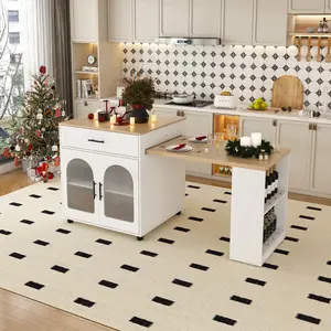 80 Inch Expandable Kitchen Island Table, Solid Wood Grain Countertop With Power Outlet, Mobile Kitchen Prep Cart With Cabinet & 2 Drawers, Multifunctional Dining Storage Island For Home Kitchen White
