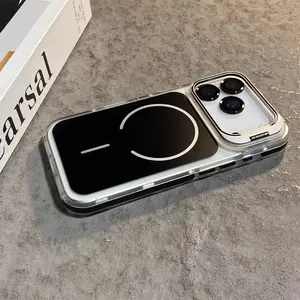 Anti-Slip Frame Magnetic Matte Phone Case for iPhone 12 13 14 Plus 15 16 Pro 17 Pro Max Case, Metal Lens Stand & Military-Grade Heavy Duty Shockproof Cover