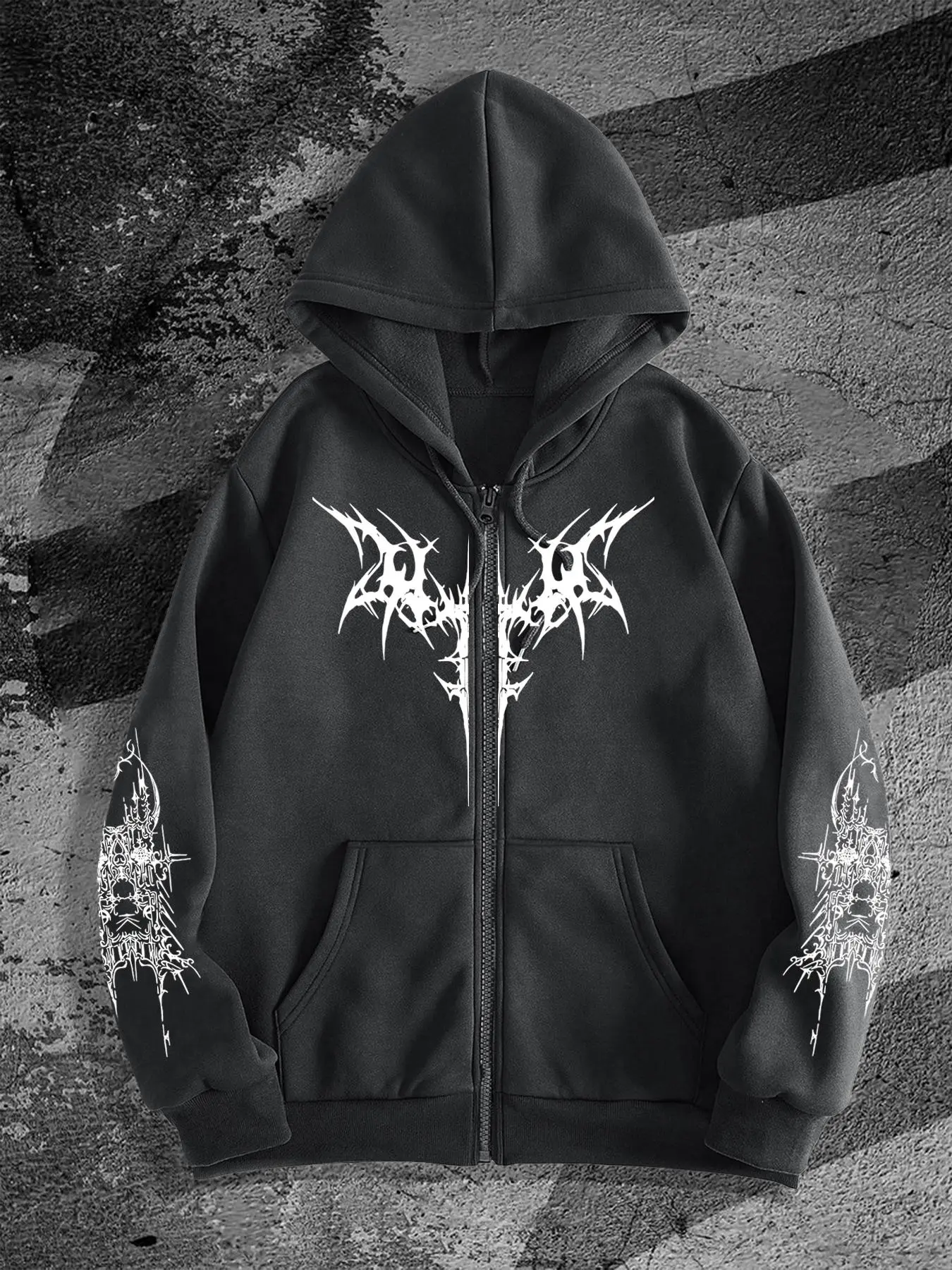 Men's Gothic Style Zip Up Grunge Streetwear Graphic Hoodie, Regular Fit Casual Fashion Long Sleeve Hooded Sweatshirt for Daily Wear, Men's Clothes for All Seasons, Longsleeves Tops, Gothic Printed Hoodie, Menswear