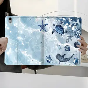Ocean Marine Life Book Style iPad Case, Tablet Protective Cover, Shockproof Full Body Protective Cover for iPad 7.9/8.3/10.2/10.5/10.9/11/12.9 13 inch, Sea Turtle Starfish Pattern Case for Home Office, Perfect Gift for Ocean Lovers & Nature Fans