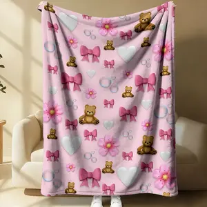 Cute and Charming Flannel Throw Blanket, Soft Comfy Blanket, Cozy Throw Blanket, Bear Bow and Cherry Blossom Print Throw Blanket, Perfect for Home, Camping, Travel, and Keeping Warm In The Office, Makes A Perfect Addition to Your Living Room Decor.