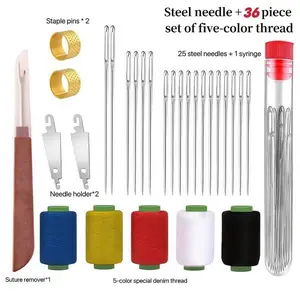 36PCS/34PCS Big Eye Steel Sewing Needles Kit - Stainless Steel Hand Sewing Repair Tools with Assorted Colors of Thread Ideal for Beginners' Daily Use Shearling Black Striped Sewn Fabric needle threader