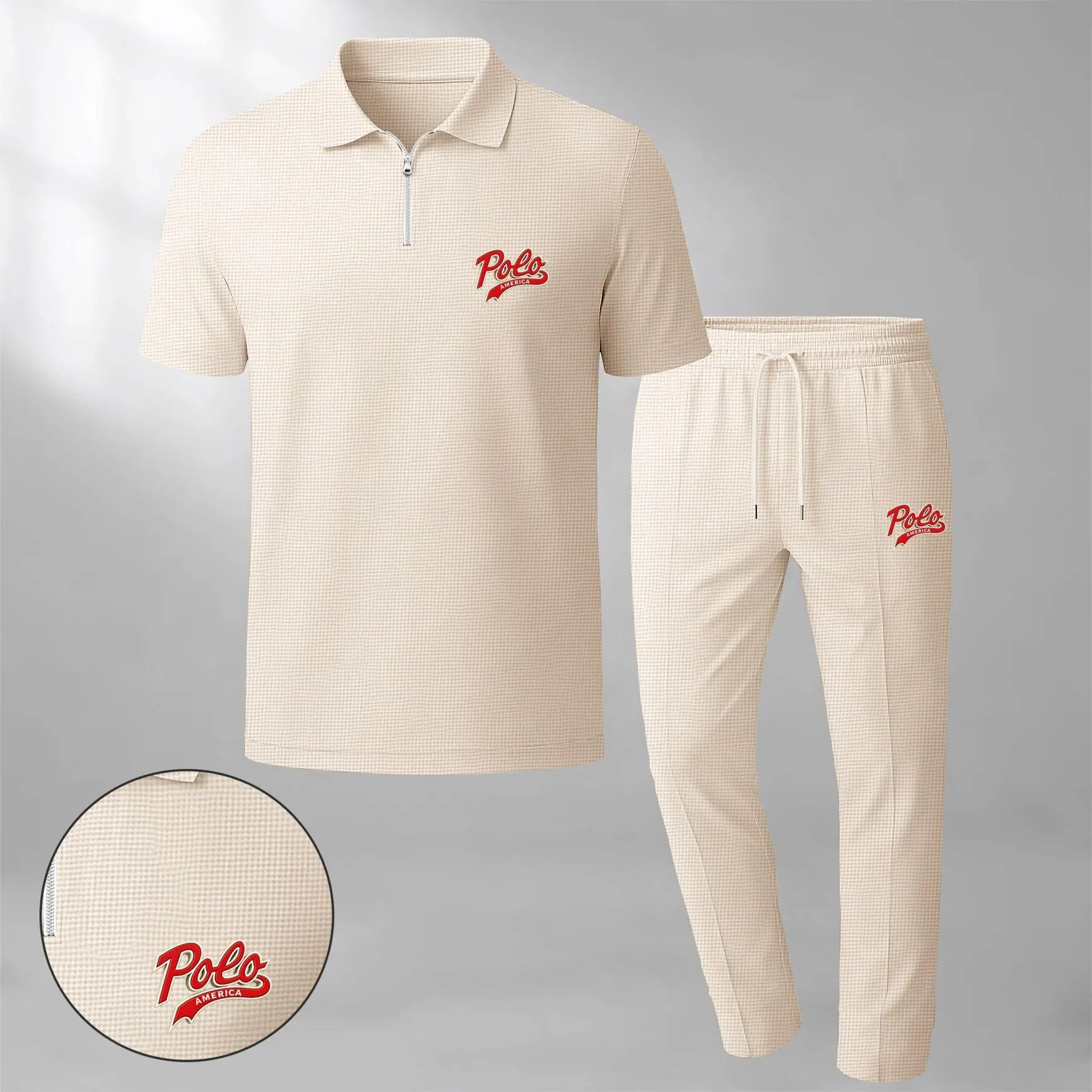 Men's classic two-piece set—featuring a short-sleeve polo shirt with a zip collar and "USA" logo, paired with matching trousers—is crafted from breathable, soft-textured waffle-knit fabric. Designed with a relaxed fit, it is ideal for everyday