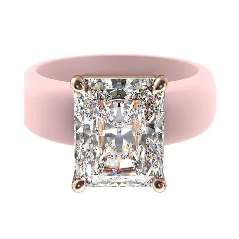 Women Large Radiant Cubic Zirconia Silicone Ring Rose Gold Four Prong Square Diamond Silicone Wedding Band Comfort Fit Daily Wear Ring
