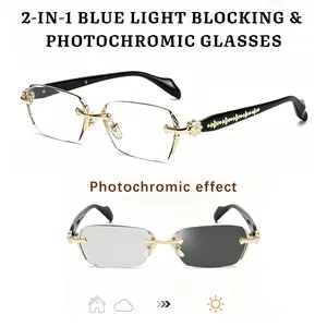 Unisex Frameless Photochromic Sunglasses - Rimless, HD Blue Light Blocking, Chrome-Coated, Square-Tinted, Transparent Non-Prescription Glasses with Diamond-Cut Edges, Durable Vintage Trendy Lion-Themed Vacation Accessory for Daily & Outdoor Wear, Rimless