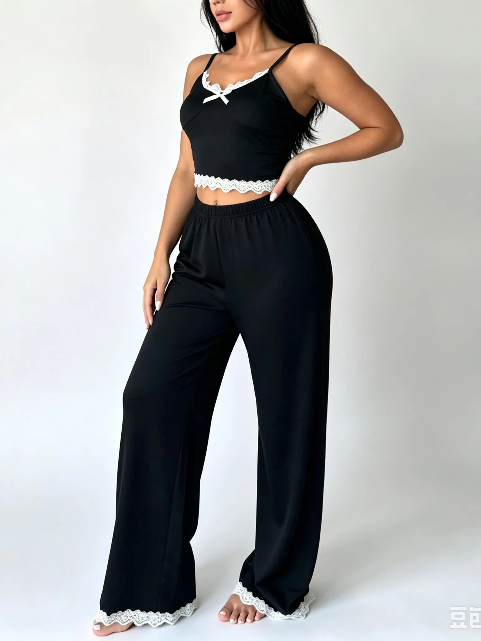Women's Cozy Chic 2-Piece Black Lace Trim Pajama Set - Sleeveless Spaghetti Strap Cami Top, Wide Leg Pants, Bow Decor, Normal Fit Comfy Loungewear Nightwear