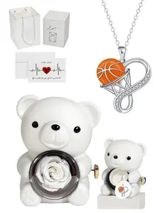 Basketball Heart Infinity Necklace Original basketball & heart infinity symbol necklace, sporty unique zircon gem clavicle chain. With cute rotating rose bear jewelry gift box, perfect mystery gift for birthdays, Mother’s Day & Valentine’s Day.