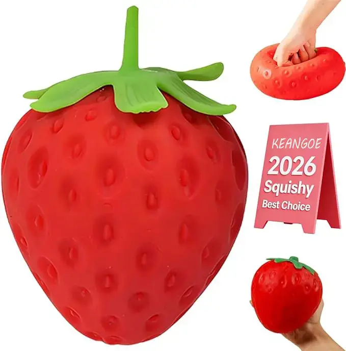 Toymendous Extra Large 5 Inch Strawberry Squishy, Rare Squeeze Stress Ball Fidget Toy for Adults & Kids 3+, Non-Toxic Durable Stress Relief Sensory Toy