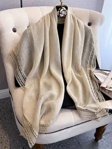 1pc French retro beige woven edge silk scarf 100*100cm multi-purpose shawl fashionable and versatile Hijab Muslim headscarf commuting and travel atmosphere decorative scarf square scarf