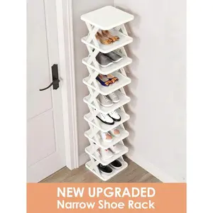 9/6 Tier Vertical Shoe Stand Space Saving Narrow Shoe Rack, Small Shoe Shelf, DIY Free Standing Shoes Storage Organizer For Entryway, Closet, Hallway, Easy Assembly And Stable In Structure, Black & White, Plastic Material, Consumables