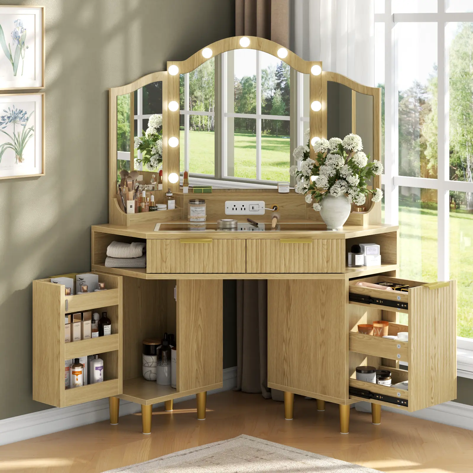 Gyfimoie Corner Vanity Desk with 3 Way Mirror & 11 LED Lights, Corner Makeup Vanities Desk w/ Glass Top, Power Outlet, Fluted Drawers and Storage Cabinet, Modern Dressing Table(Oak)