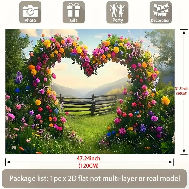 Rectangular Love-Themed Polyester Heart Flower Fence Tapestry - Bag Prints Home Decor Wall Hanging, Church Valentines Day Backdrop for Party Photography Prop