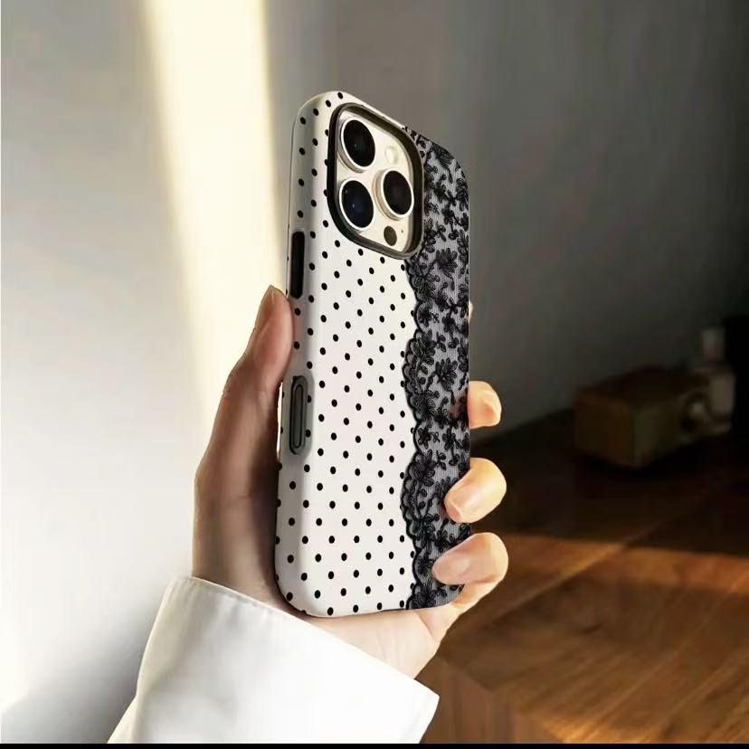 Black Polka Dot Lace Print Pattern Phone Case IMilitary-grade Shockproof Protection, Compatiblewith iPhone 17 Pro Max 16 15 14 13 12 11 X Plus/Pro & Samsung Galaxy I Affordable ToughAnxiety Phone Case for Girls