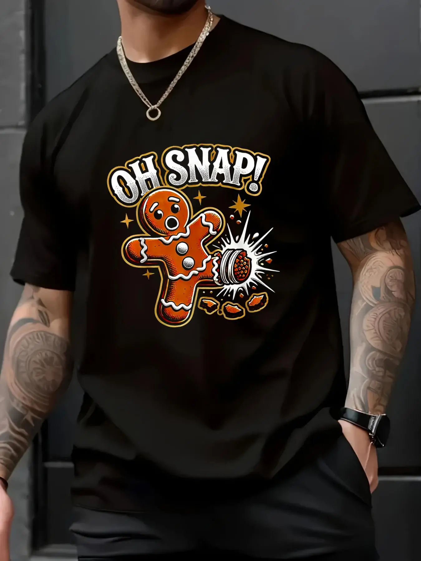 Men's Oh Snap Gingerbread Man Crew Neck 100% Cotton Short Sleeve T-Shirt, Humorous Christmas Cartoon Graphic Print, Casual Loose-Fitting Unisex Tops, Ideal for Parties, Stylish All-Season Menswear, Cold Wash Compatible, Do Not Use Bleach Or Iron Directly