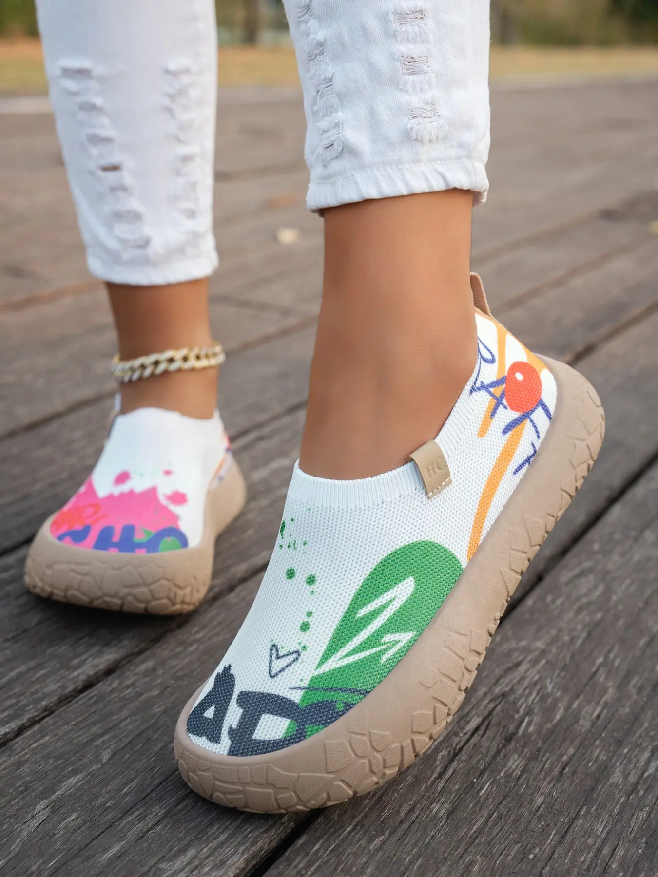 Women's Spring Summer New Full Print Low-Top Shoes, Soft Rubber Sole Anti-Slip Breathable Mesh Shoes, Casual Slip-on Footwear, Rubber Slip Ons, Leisure Shoes