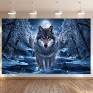 1PC,2D Flat Cross - border Exclusive Winter Moonlit Night Wolf - themed Tapestry, Snowy Forest Stream Wolf Totem Backdrop, Bedroom And Living Room Decorative Wall Hanging, Dreamy Snow - covered