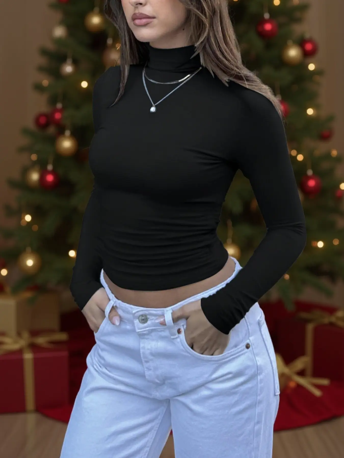 Women Black Turtleneck Long Sleeve Slim Fit Crop Top Stretchy, Casual Everyday Wear, Streetwear Clubwear Autumn Winter Outfit Base Layer