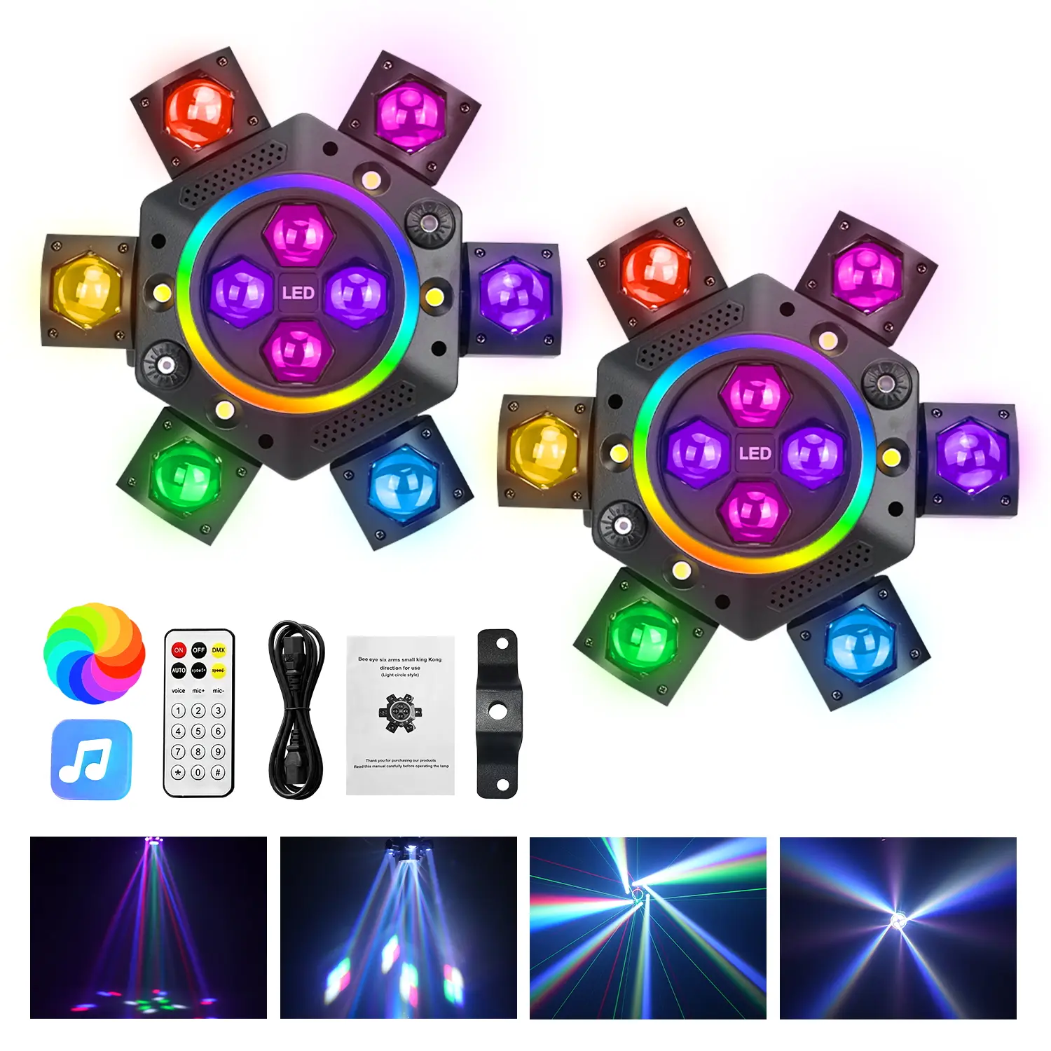 XDV 150W 6-Arm Moving Head LED Light - Upgraded Father’s Day Bee Eye LED 2.0, 10 Cree 10W RGBW Leds, Red/Green Laser Starry Sky, White & Amber Strobe, DMX-512, Remote, Sound Active, Geometric Effect for Club Stage Events