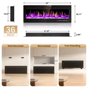 36" Electric Fireplace Heater, 3.9" Ultra-Thin Linear Fireplace with 5 Brightness Levels of Realistic 3D Flames, Remote Control, 1500/750W, Recessed/Wall-Mounted/Freestanding Household Appliance