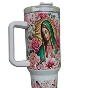 Virgen de Guadalupe 40oz tumbler – beautiful roses and butterfly design. A perfect gift for anyone devoted to Our Lady. Drinkware