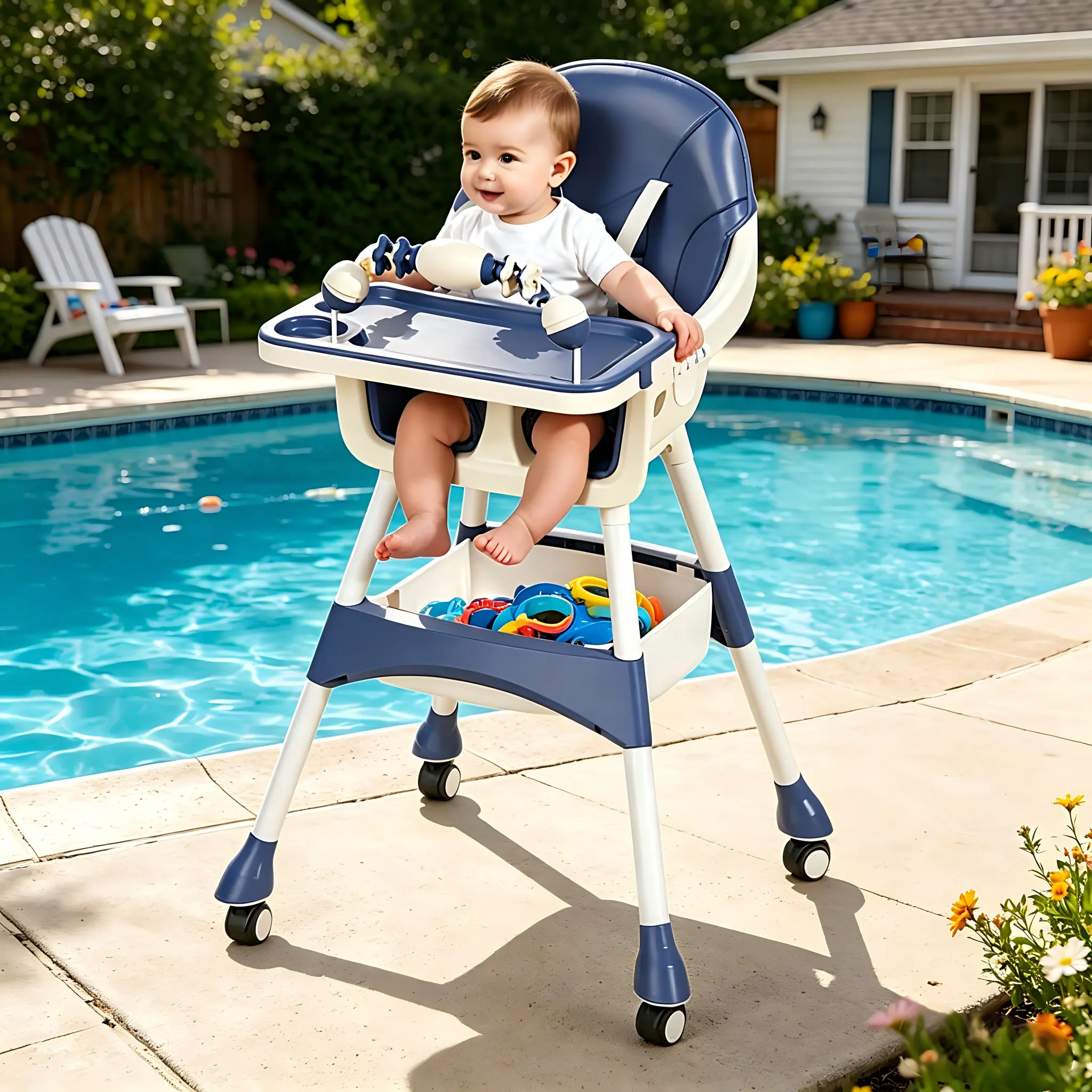 Portable Baby High Chair with Lock Wheels & Storage Basket for Toddlers double removable tray