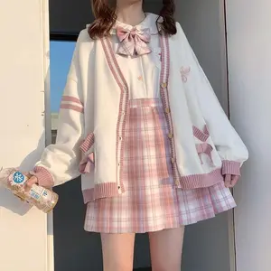 2025 Four-piece Suit Spring Autumn Uniform Set Preppy Bow Knitted Cardigan Sweater White Shirt Pleated Skirt Clothes Womenswear Fitted Long Sleeve Plaid