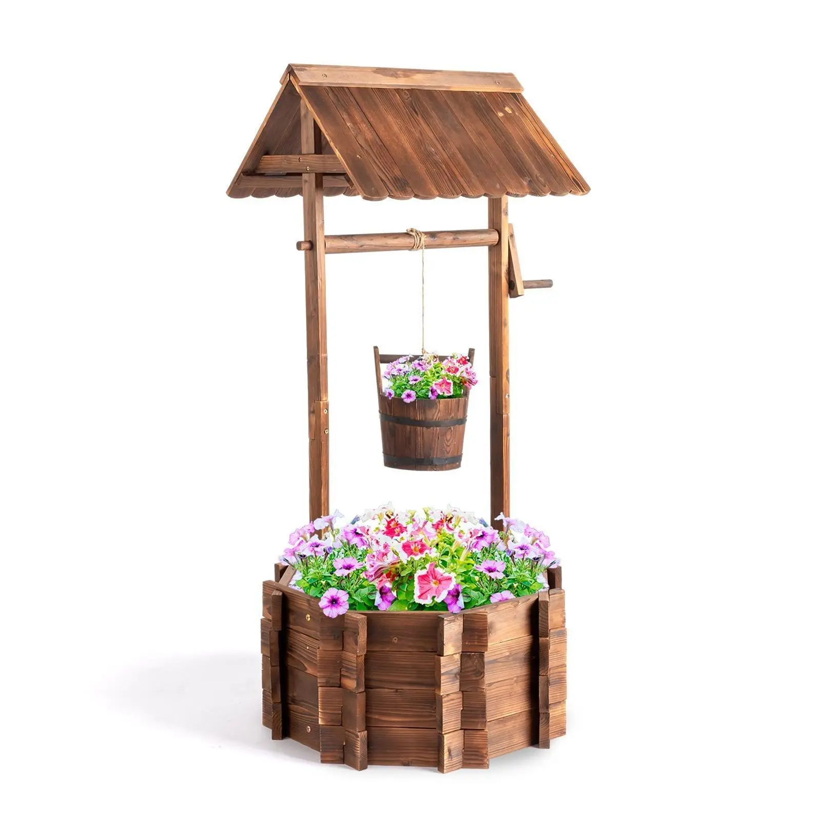 Wooden Wishing Well Outdoor Planters, Well Covers for Yard with 2 Reinforced Rods, Height Adjustable Hanging Bucket, Rustic Flower Pot Home Decor for Outside Patio Garden, Wood Planter Box, Planters For Outdoor Plants