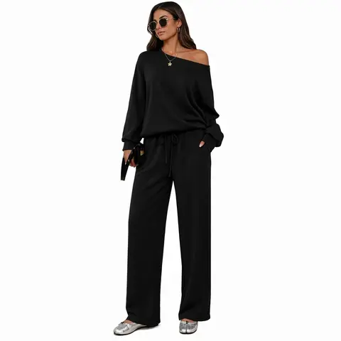 Women's Casual 2-Piece Loungewear Set - Oversize Sloping Shoulder Long Sleeve Solid Scoop Neck Top & Wide Leg Trousers, Soft Relaxed-Fit Outfit for Daily Lounging, 2 Piece Sets, Women 2 Piece Sets