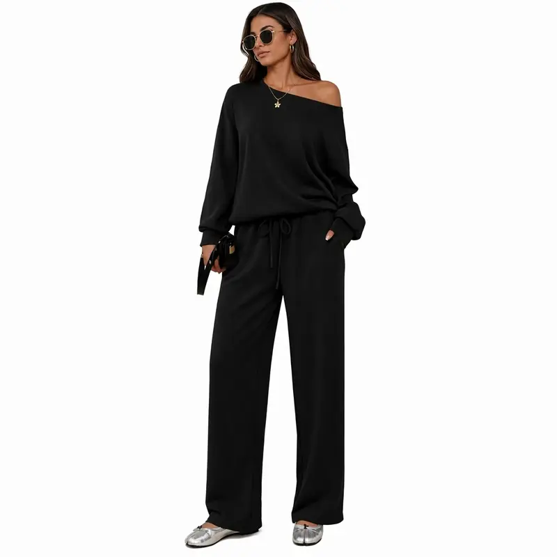 Women's Casual 2-Piece Loungewear Set - Oversize Sloping Shoulder Long Sleeve Solid Scoop Neck Top & Wide Leg Trousers, Soft Relaxed-Fit Outfit for Daily Lounging, 2 Piece Sets, Women 2 Piece Sets
