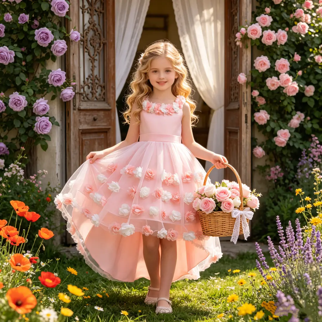 023 Girls Flower Embroidered Trail Dress Party Birthday Wedding Flower Girl Dress Evening Dress Kids Dress