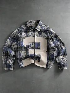 Men's Polo Neck Fine Plaid Tie-Dye Colorblock Zipper Jacket, Letter Pattern, Comfortable Fabric, Perfect for Daily Wear, Shopping, Travel