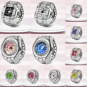 Vintage Punk Mini Quartz Clock Finger Rings Women Men Creative Elastic Strap Alloy Watches Roman Dial Ring Jewelry
