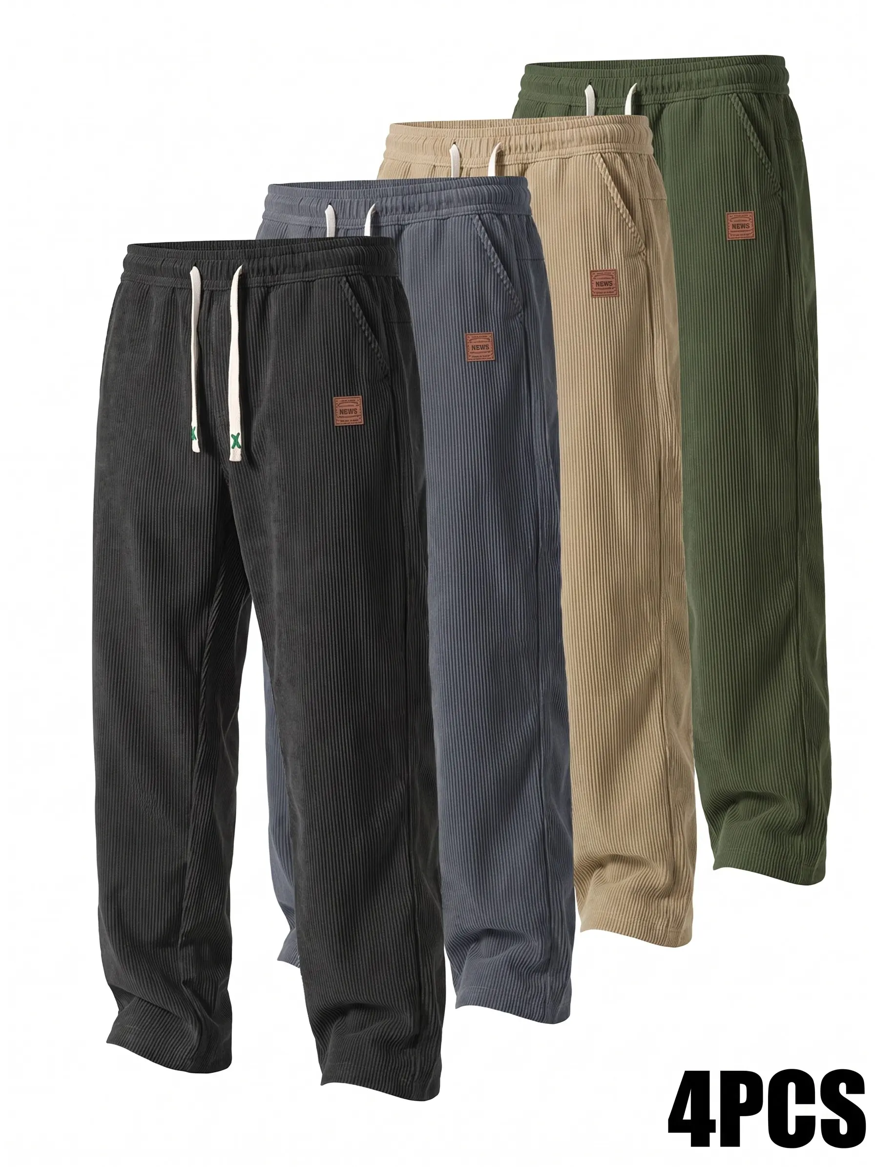 4-Pack Corduroy Men’s Straight-Leg Cargo Pants, Casual Loose Outdoor Sports Full-Length Pants
