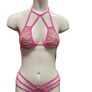 Sexy pink 2pc rhinestone bikini w/3 strap thong