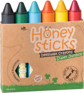 Honeysticks Super Jumbo Crayons (6 Pack) - 100% Pure Beeswax With Food Grade Colors, Non-Toxic for Toddlers 1-3, Unbreakable, Extra Large, Easy to Hold and Use, Eco-Friendly