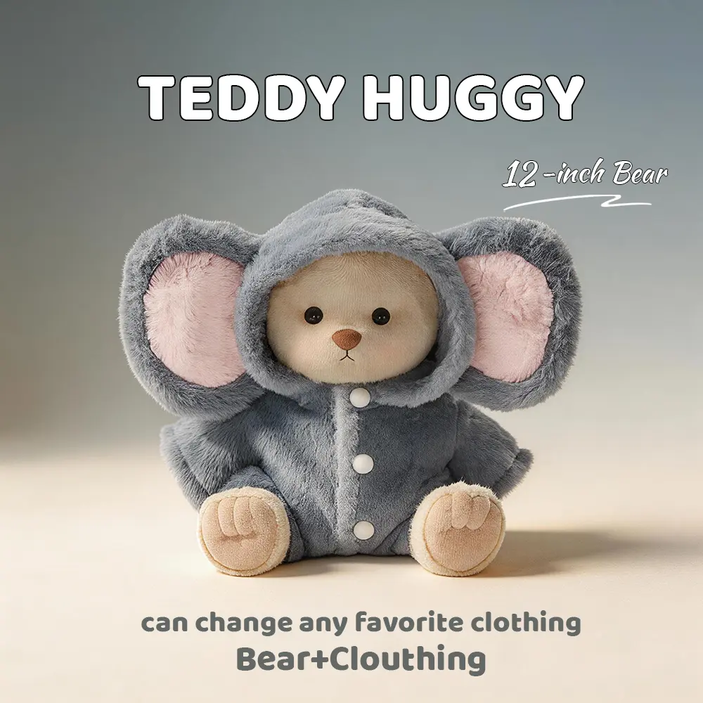 Navy Elephant Jumpsuit for 12-Inch Plush Bears - TEDDY HUGGY Animal Series Stuffed Toy Clothes, Cozy Hooded Design, Cute Collectibles for 3-4 Years, Adorable Design Stuffed Toys Accessory to Create Adorable Moments