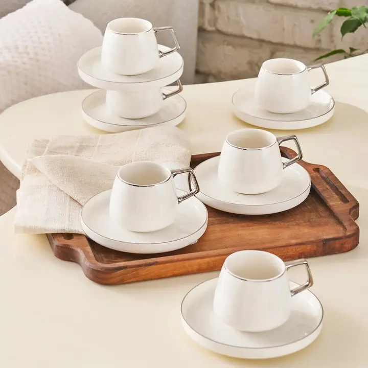 Karaca Streamline Porcelain Turkish & Espresso Coffee Cup Set, 12 Pieces, 100ml, White & Silver