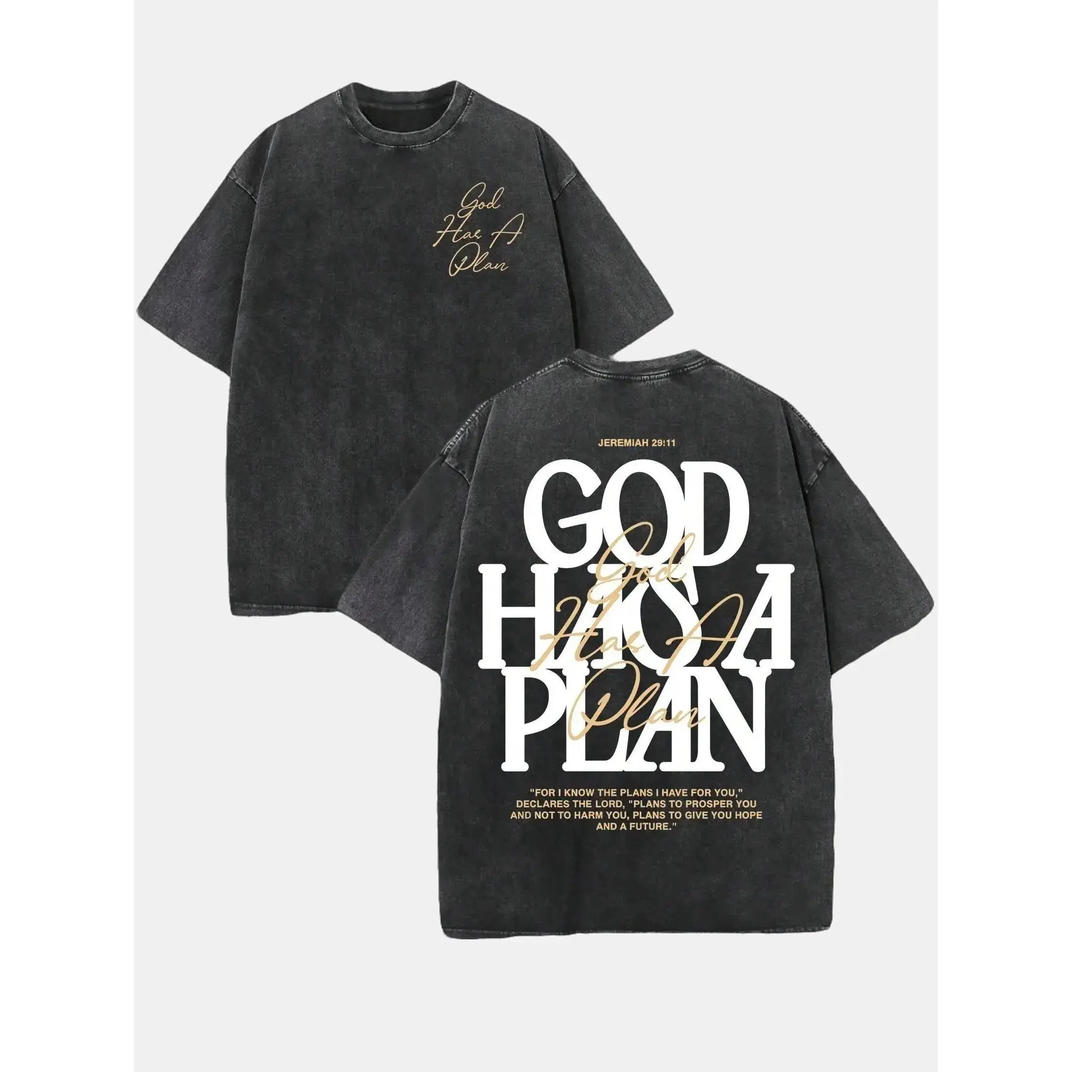 Retro Washed Double Sided Printed T-Shirt, 'GOD HAS A PLAN' Letter Graphic Tee, 230g Pure Cotton, Slightly Cropped, Crewneck, Distressed Streetwear, women Men's Casual Comfortable Fashion Tops Smooth Fabric Seamless Soft Tshirt graphic tee t shirt
