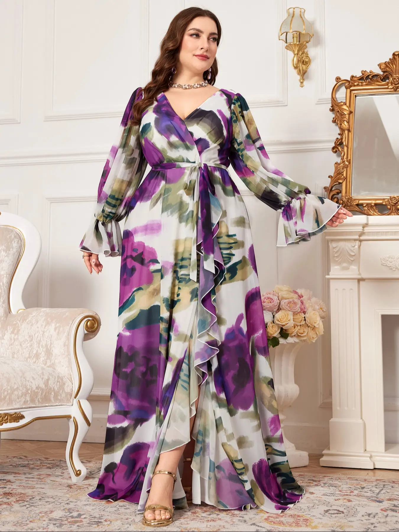 Random Floral V-Neck Lantern Sleeve Waist Tie Fitted Chiffon Maxi Formal Evening Party Dress, Digital Dye Print, Long Sleeve, Chic Aesthetic Elegant Womenswear Gown