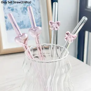 Reusable Heart & Butterfly Glass Straws Set, Cute Straight Drinking Tubes with Brush, Perfect Gift for Parties, Holidays, School Supplies, Glass Straw Drinkware
