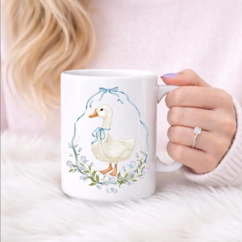 Vintage Cottagecore Goose Mug, Blue Bow Coffee Mug, 15oz Easter Spring Floral Coffee Cup, Retro Country Goose Mug,Farmhouse Geese Coffee Mug
