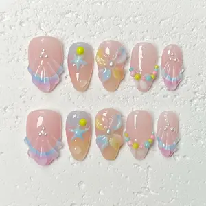 [Mermaid Kiss] Short Almond Handmade Press on Nails, Fake Nails with Nail tool kit with Jelly Stickers, Reusable, Durable
