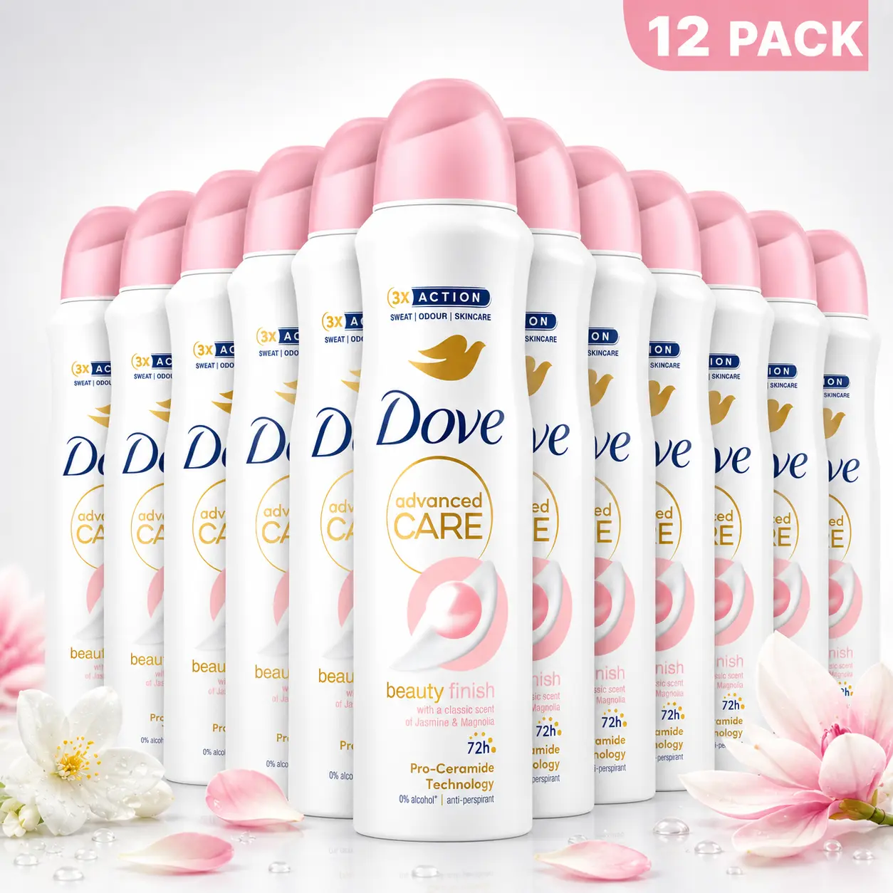 Dove Women's Advanced Care Anti-Perspirant Deodorant Spray, 72H Protection with Pro-Ceramide Technology, Beauty Finish Jasmine & Magnolia Fragrance, Body Care for Sensitive Skin, 12-Pack (5 oz)