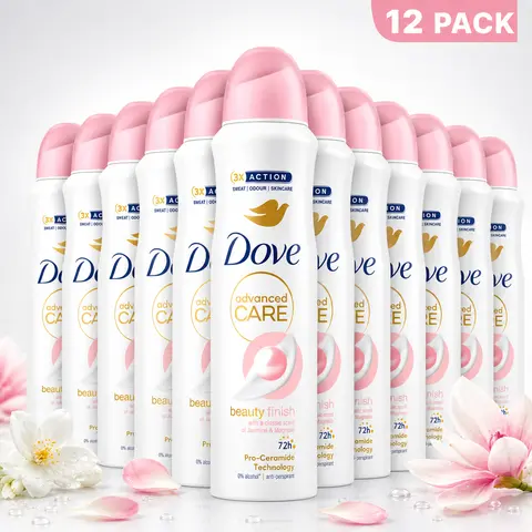 Dove Female Advanced Care Anti-Perspirant Deodorant Spray (12 Cans, 5 oz) - 72H Protection, Pro-Ceramide Technology, Smooth Jasmine & Magnolia Blend Scent, Sensitive Skin Restore, Normal Adult Body Care for Workouts
