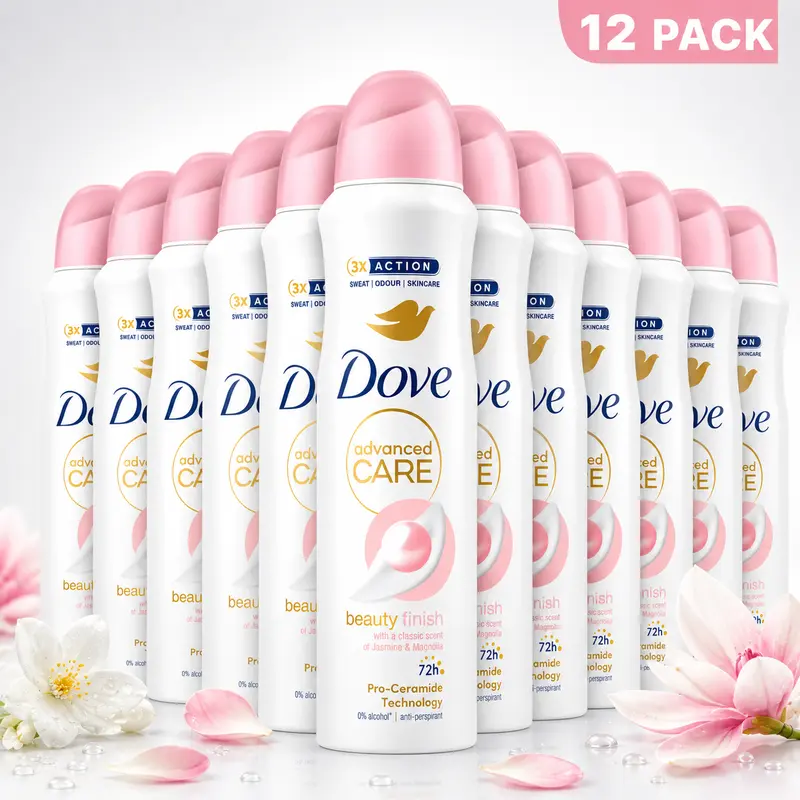 Dove Female Advanced Care Anti-Perspirant Deodorant Spray (12 Cans, 5 oz) - 72H Protection, Pro-Ceramide Technology, Smooth Jasmine & Magnolia Blend Scent, Sensitive Skin Restore, Normal Adult Body Care for Workouts