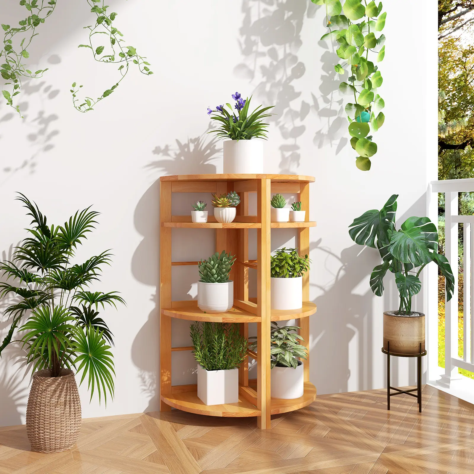 COSTWAY - 4-Tier Corner Shelf with Rubber Wood Frame and Anti-Toppling Kit