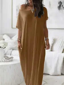 Loose Fit Casual Solid Color Women's House Dress, Knit Fabric Stretch Breathable Off-Shoulder Design, Elegant Sexy Chic Lounge Wear