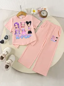 Girls' Knit Set T-Shirt + Straight Leg Pants, Cartoon Print, Casual Outdoor Sports Wear, Suitable for Girls Ages 8 and Below