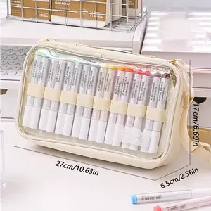 Mark Pen Storage Bag, Multi-Layer Organizer, Large Capacity Holds Up to 64 Mark Pens, Transparent Zippered Pouch with Shoulder Strap, Art Markers, Coloring Markers