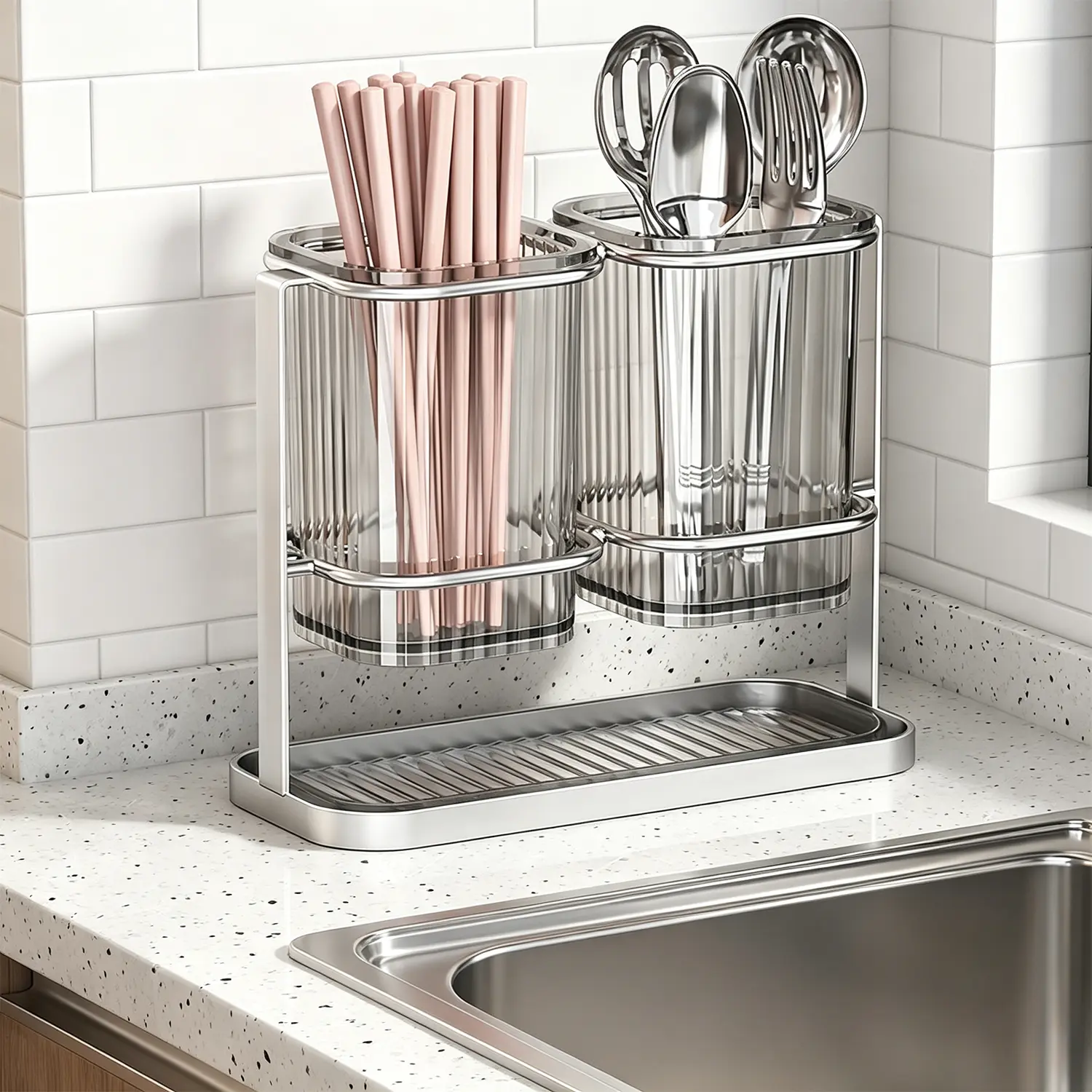 Stainless steel kitchen utensil rack, kitchen worktop cutlery rack, cutlery drying rack with drip tray, suitable for cutlery, spatulas, forks, spoons and a double-cup toothbrush holder (silver)